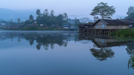 Obraz premium Misty reflections of stilt houses on calm water at early morning
