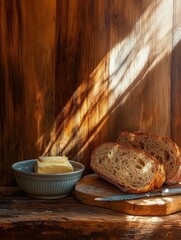 A rustic farmhouse kitchen with a freshly baked artisan bread loaf sliced on a wooden board, surrounded by a butter dish and a knife, bathed in warm sunlight with an earthy, inviting atmosphere