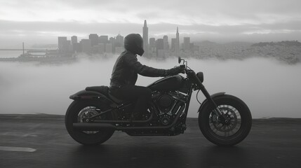 Fototapeta premium Foggy Cityscape: A Solo Motorcycle Ride