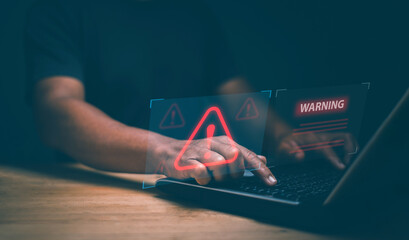 System warning alert, Man use laptop and connect to internet network and have warning alert on virtual screen. Virus, Spyware, Malware. Notification error and maintenance. System fault detection.