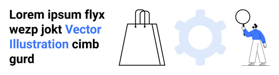 Shopping bag, gear, and person holding a balloon under a text block with Vector Illustration. Ideal for e-commerce, marketing, presentations, infographics, web design, advertising technology