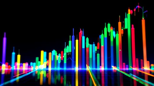 Dynamic colorful stock market chart on dark background. Trading investment charts. Financial graph with glowing candlesticks. Concept for business, analysis, burse exchange. Bourse buoyant footage. 