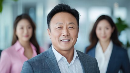 Confident businessman with colleagues, office background, teamwork success