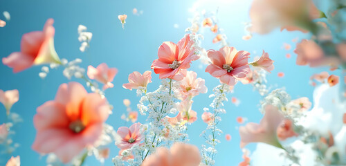A dreamy concept of fresh spring flowers floating in the sky, creating a burst of love and joy against a pastel blue background.