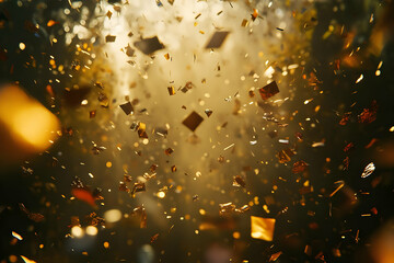 A dynamic and festive party scene with colorful confetti floating through the air against a golden backdrop, evoking celebration.