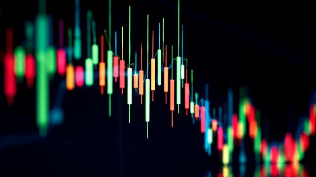 Dynamic colorful stock market chart on dark background. Trading investment charts. Financial graph with glowing candlesticks. Concept for business, analysis, burse exchange. Bourse buoyant footage. 
