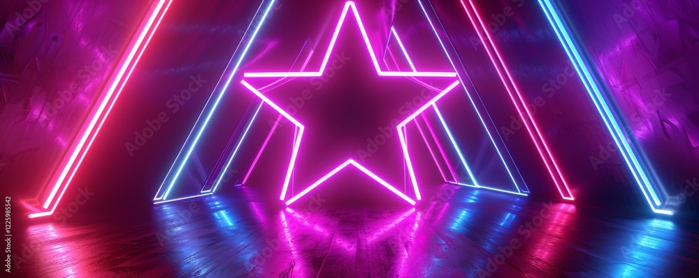 Poster big neon star shining in dark space with triangles reflecting on floor