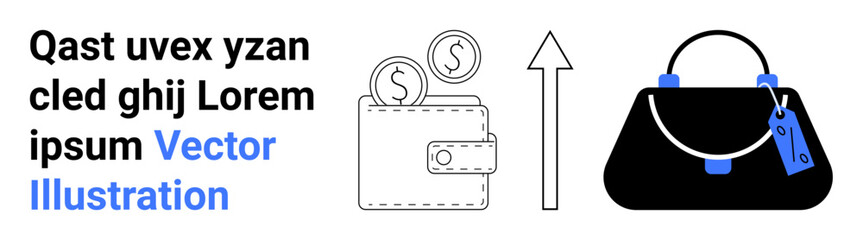Wallet holding coins, upward arrow symbolizing financial growth, and handbag illustrating personal purchases. Ideal for finance, savings, investment, e-commerce, shopping, business flat landing page