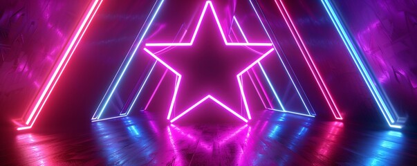 Big neon star shining in dark space with triangles reflecting on floor