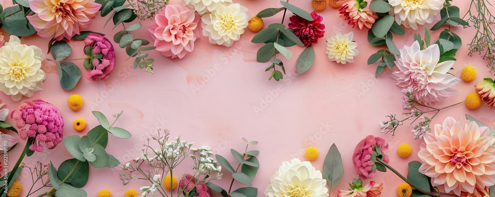 Poster floral arrangement with empty space in the middle, surrounded by flowers and eucalyptus against a so