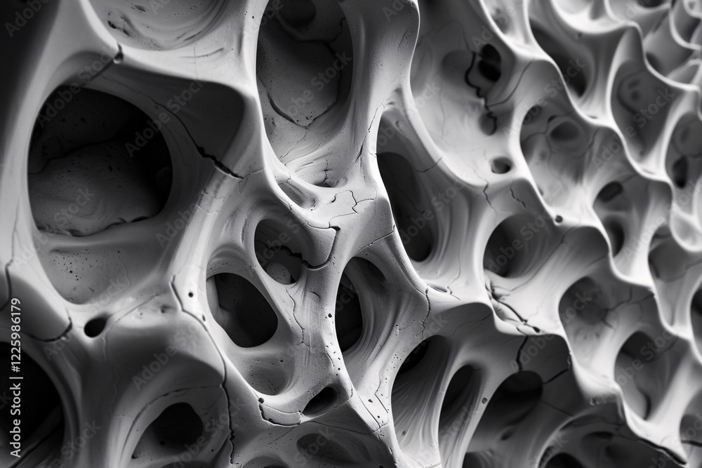 Poster monochrome photograph of an abstract organic form with many holes and cavities, creating an intricat