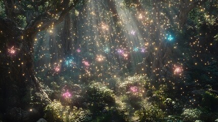 Enchanted Forest with Glowing Particles and Magical Lights
