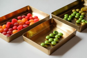 Candies in golden trays on white surface.