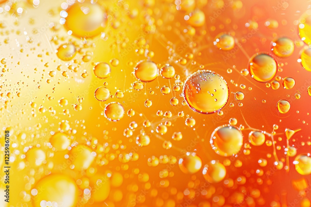 Poster Golden oil bubbles floating on water surface creating abstract background with colorful gradient