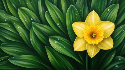 Obraz premium Bright Yellow Daffodil Surrounded by Green Leaves with Water Droplets Glimmering in Natural Light