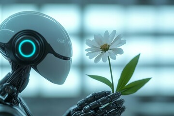 Robot with a flower. Generative AI
