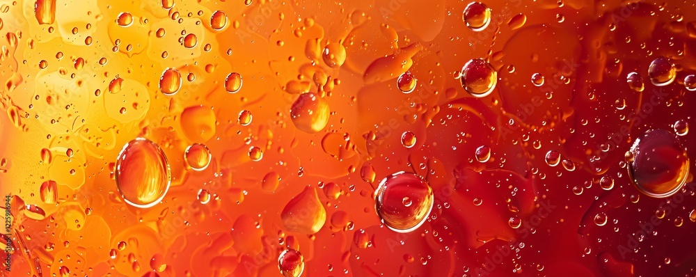 Poster Captivating shapes and bubbles formed by oil and water in a stunning abstract macro image with vibrant orange and red hues