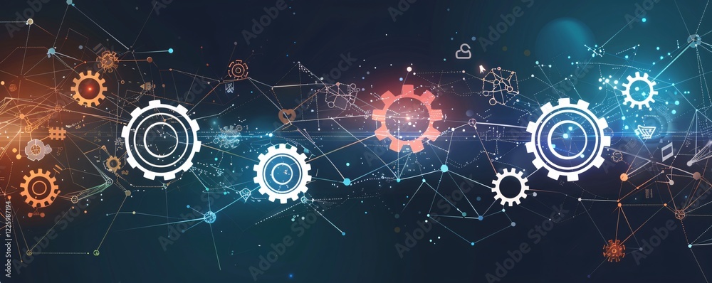 Poster Symbolizing innovation and teamwork in technology: abstract digital network connects gears in cyberspace