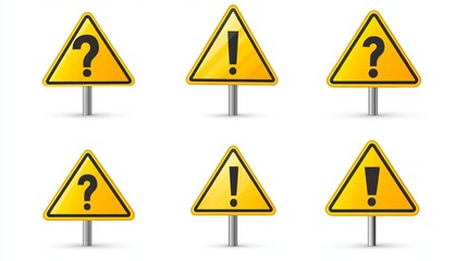 Vector set of caution warning signs, including danger symbols and exclamation mark icons, all isolated for clear visibility and easy use in safety-related designs.