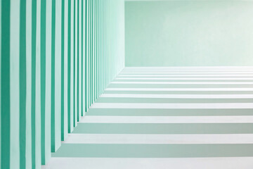 Obraz premium Abstract interior with green and white striped walls and floor, creating a serene and minimalistic space