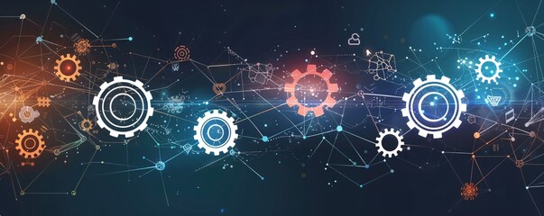 Symbolizing innovation and teamwork in technology: abstract digital network connects gears in cyberspace