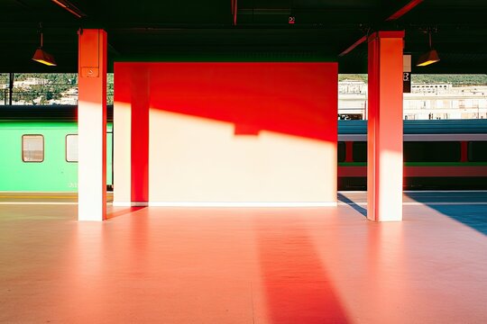 empty platform at sunrise with passenger train waiting under soft glow of golden light - Powered by Adobe