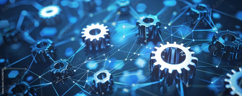 Poster global business and technology: metallic gears interconnecting on a network