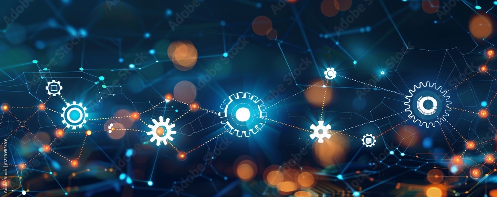 Fototapete Industry 4.0 concept showing automation with gears connected in network and a futuristic technological background