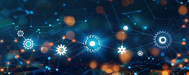 Industry 4.0 concept showing automation with gears connected in network and a futuristic technological background