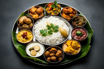 Traditional Indian thali served on banana leaf with white rice, variety of curries, lentils, and side dishes arranged in metal bowls on dark background.