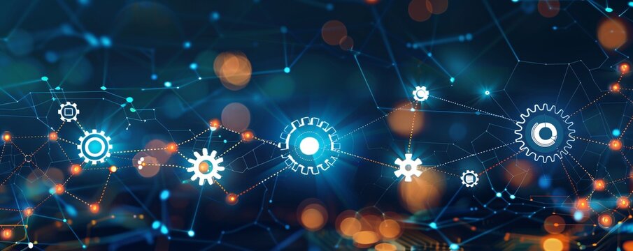 Industry 4.0 concept showing automation with gears connected in network and a futuristic technological background