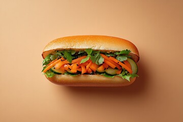 top-down view of scene is product photography setup with studio lighting featuring fresh bánh mì sandwich served with