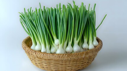 Fresh green onions with white bulbs arranged in woven basket on light background, raw organic scallions for cooking and garnishing food.