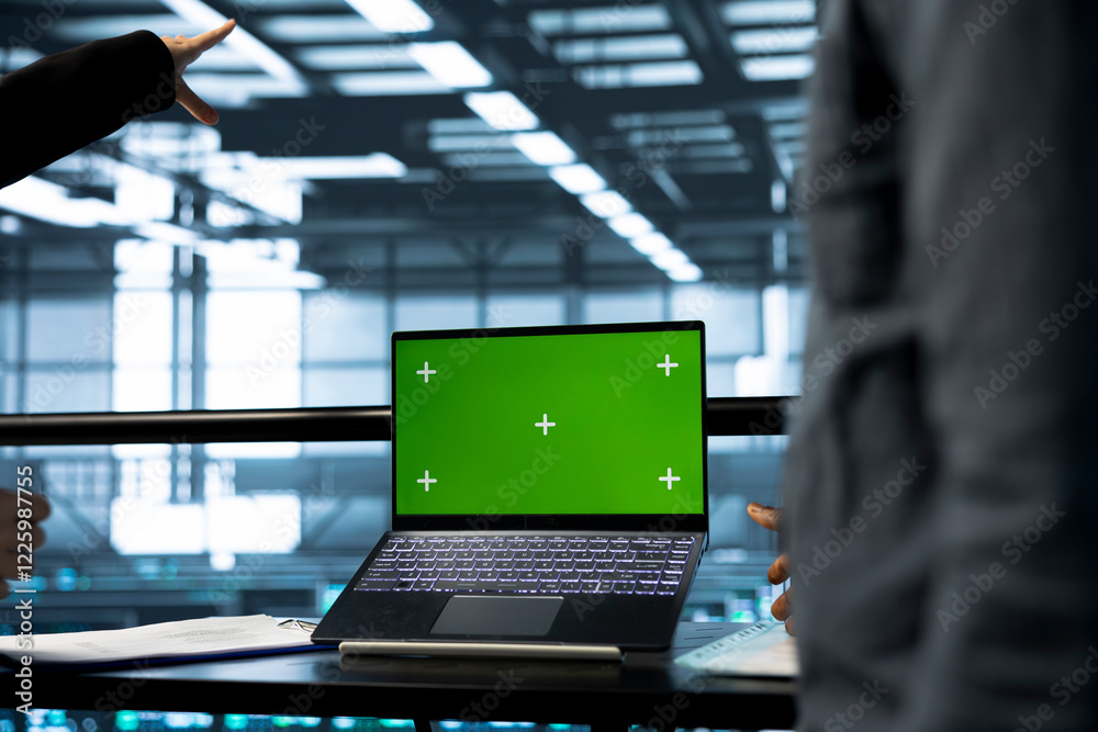 Poster system administrators in data center using green screen mockup notebook, observing analytics, review
