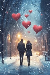 Obraz premium Couple walks in snow with heart balloons above.