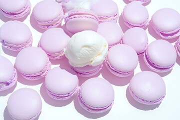 Obraz premium Pink macarons with vanilla ice cream scoop on white background, creating soft shadows. Fresh French pastries arranged in minimalist composition.