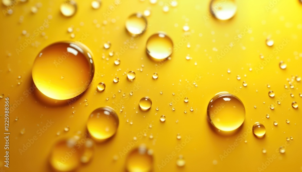 Poster water droplets on yellow surface. macro view of clear water droplets. transparent water droplets sit
