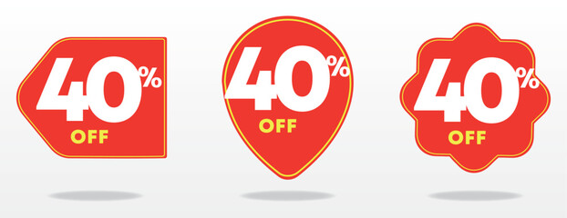 40% off. Price tag, value, offer, special. Sale, advertising, discount, marketing. Promo, shop, buy. Illustration, set, sticker, icon, vector, commerce