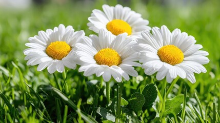 Fototapeta premium Four white daisy flowers blooming in a lush green grass meadow under bright daytime sunlight.
