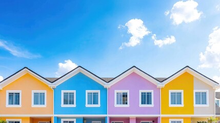 Colorful houses under sunny sky, residential area, real estate