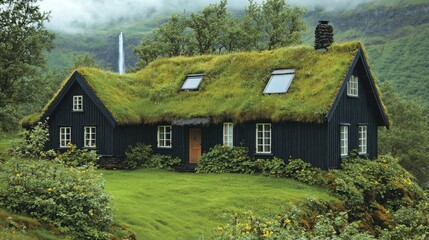 Obraz premium Serene Icelandic Turf House with Mountain View