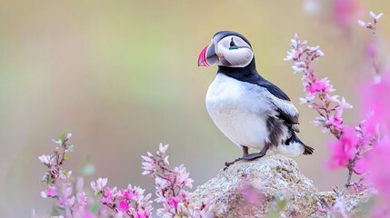 Obraz premium Atlantic puffin perched on rock, pink flowers, coastal habitat, wildlife photography, nature background, suitable for calendars