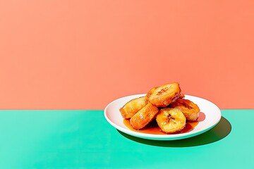 top-down view of scene is product photography setup with studio lighting featuring golden fried plantains with sweet