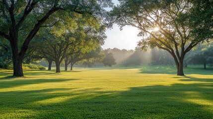 Fototapeta premium Sunrise over tranquil park, sunbeams through trees, peaceful morning scene, nature poster