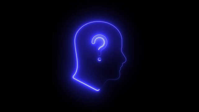 Glowing neon line Human head with question mark icon isolated on black background. 4K Video motion graphic animation.