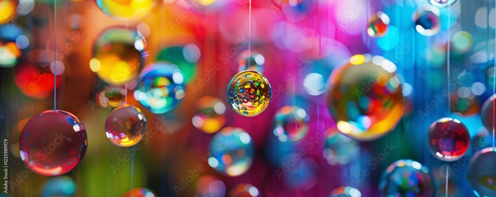 Poster Colorful transparent spheres hanging on strings against abstract background