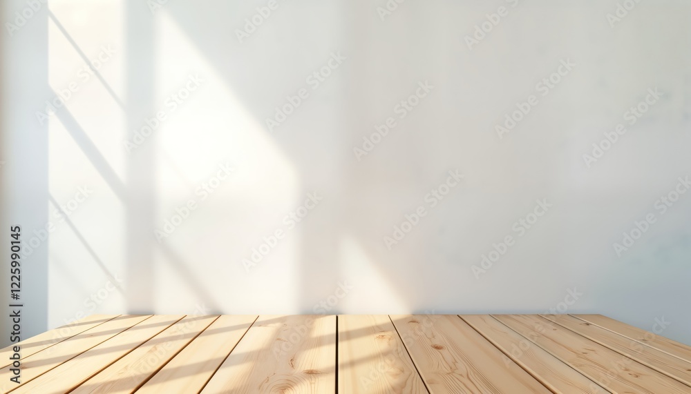 Poster empty light wooden tabletop with clean white wall background. sunlight casts shadows on table. inter