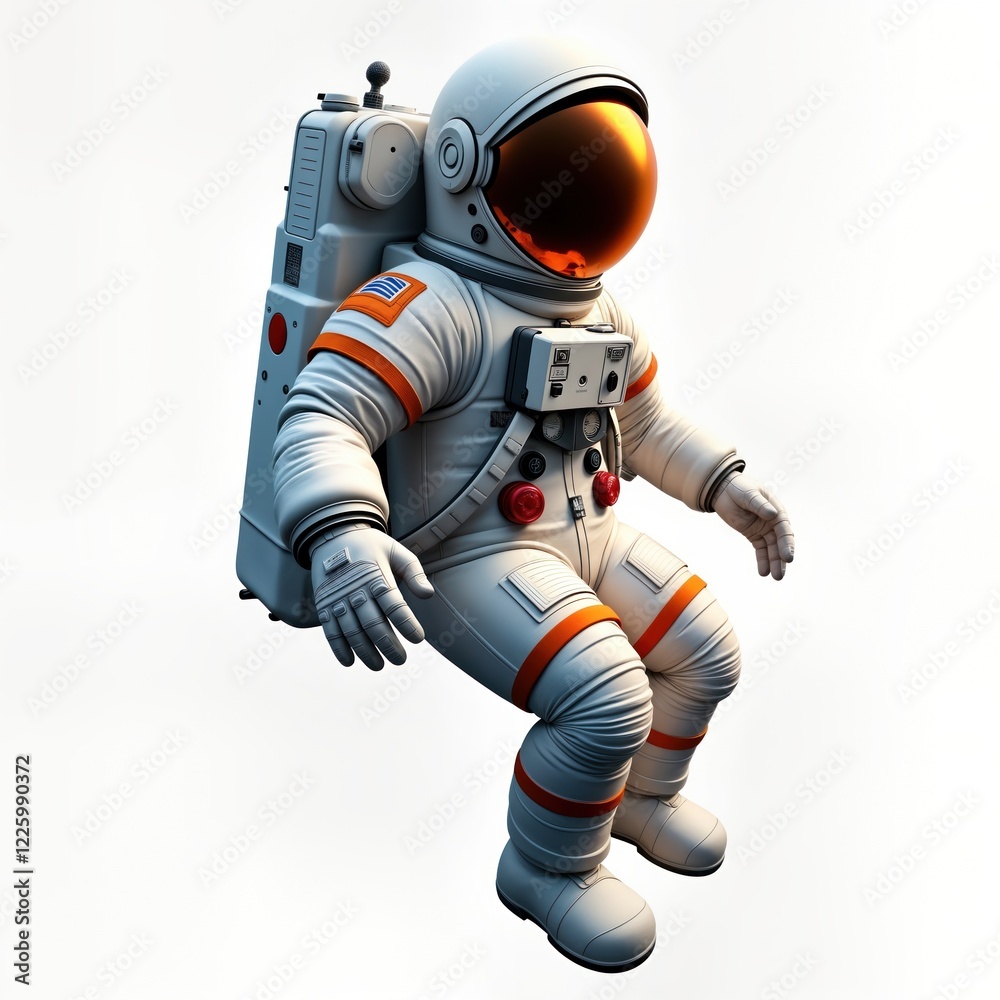 Poster Astronaut in space suit floats in outer space. Spacesuit white with orange details. Astronaut seated. Image on transparent background. Space exploration concept. Illustration style cartoonish.