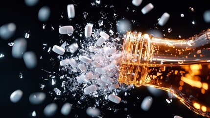 Vibrant composition of a shattered liquor bottle and scattered pills, symbolizing breaking free from addiction