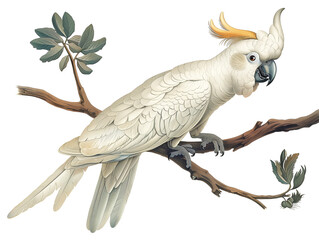 Fototapeta premium Beautiful White Cockatoo Perched on a Branch With Delicate Foliage in a Natural Setting During Daylight - Vintage Illustration, Isolated on White Transparent Background, PNG